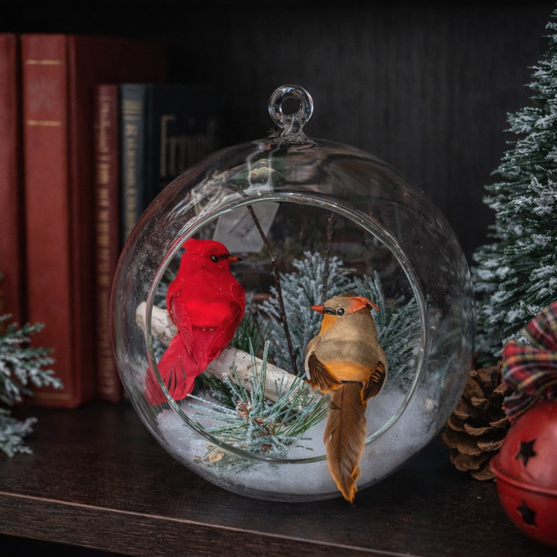 Decorative glass sphere with red and orange birds on a shelf with books and Christmas decorations.